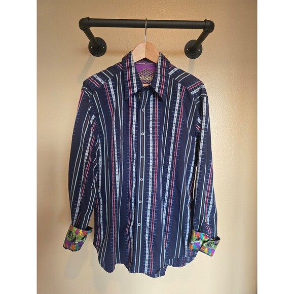 Robert Graham Navy Striped Fire Hydrant Flip Cuffs button down shirt men's XL - Picture 2 of 12